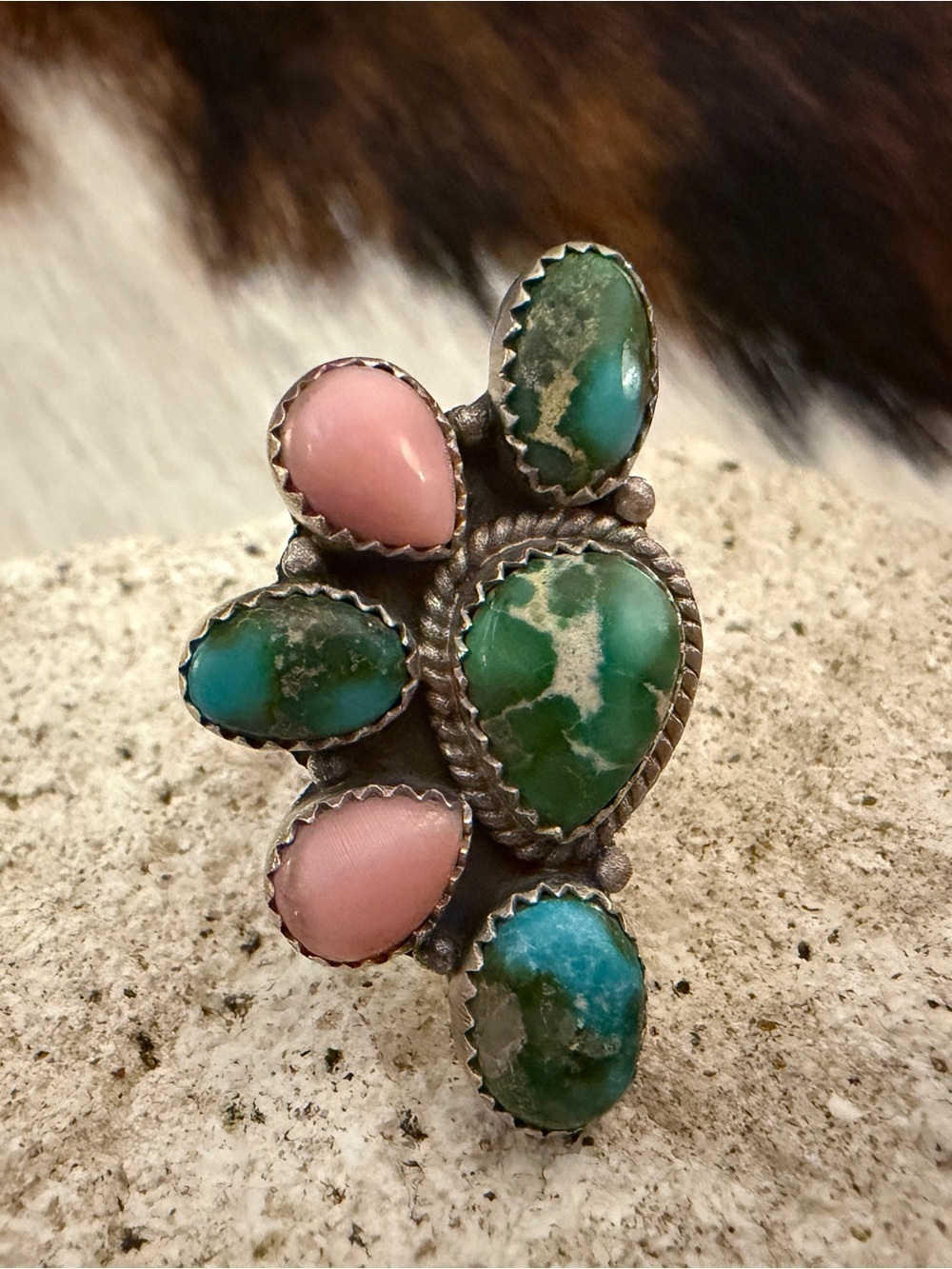 ❤️ Sonoran Gold Turquoise & Pink Conch ADJ 4.5 - 8.6 Statement Ring Matte 925